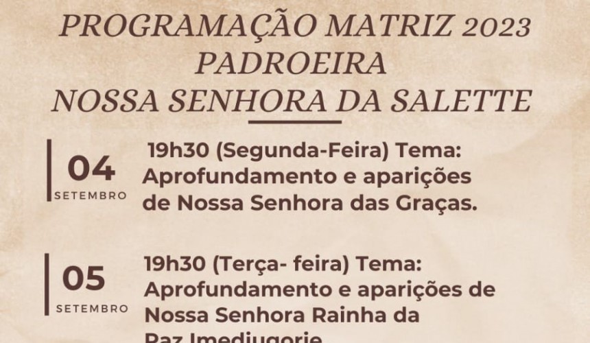 Programação religiosa da Festa da Padroeira Nossa Senhora da Salete tem início nesta segunda-feira em Capitão