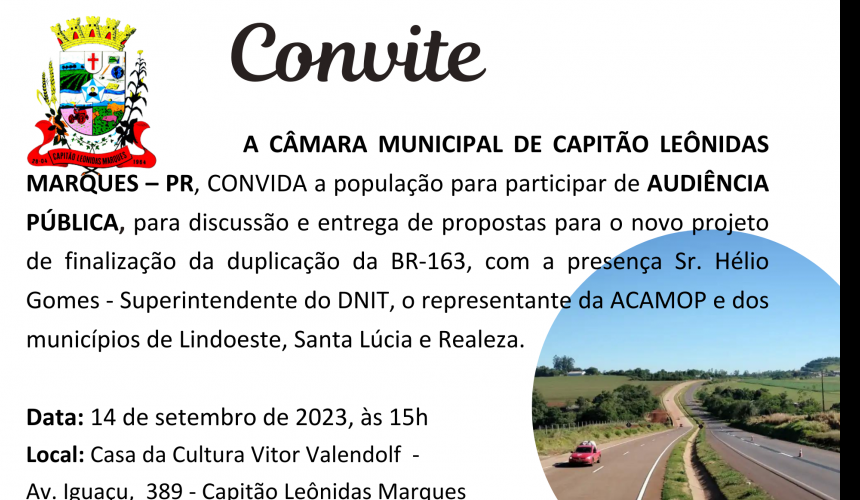 Audiência Pública sobre a finalização da duplicação da BR 163 acontece nesta quinta-feira (14) em Capitão
