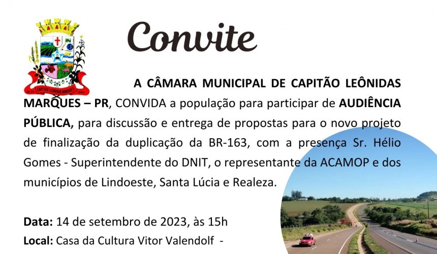 Audiência Pública sobre a finalização da duplicação da BR 163 acontece nesta quinta-feira (14) em Capitão