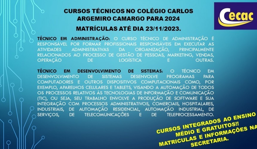 Alunos do 9º ano dos colégios Carlos Argemiro Camargo e Castro Alves  de Capitão podem se inscrever para participar de cursos técnicos